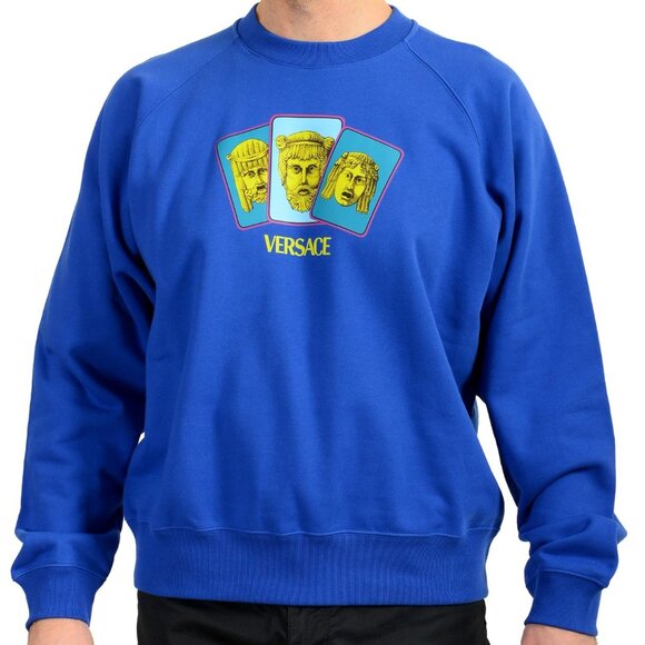 Versace Men's College Fit Royal Blue Logo Print Crewneck Sweatshirt US M IT 50